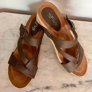 Eurosoft Brown Leather Wedge Sandals with Crisscross Straps